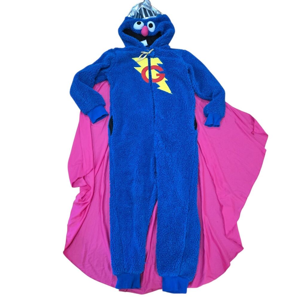 Super Grover Costume Kids Size Large Sesame Street Spirit Halloween w/ Cape Blue